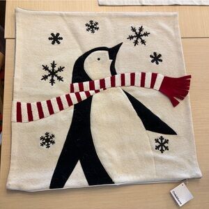 NWT! Crate&Barrel Festive Penguin Pillow Cover - Black, White, and Red